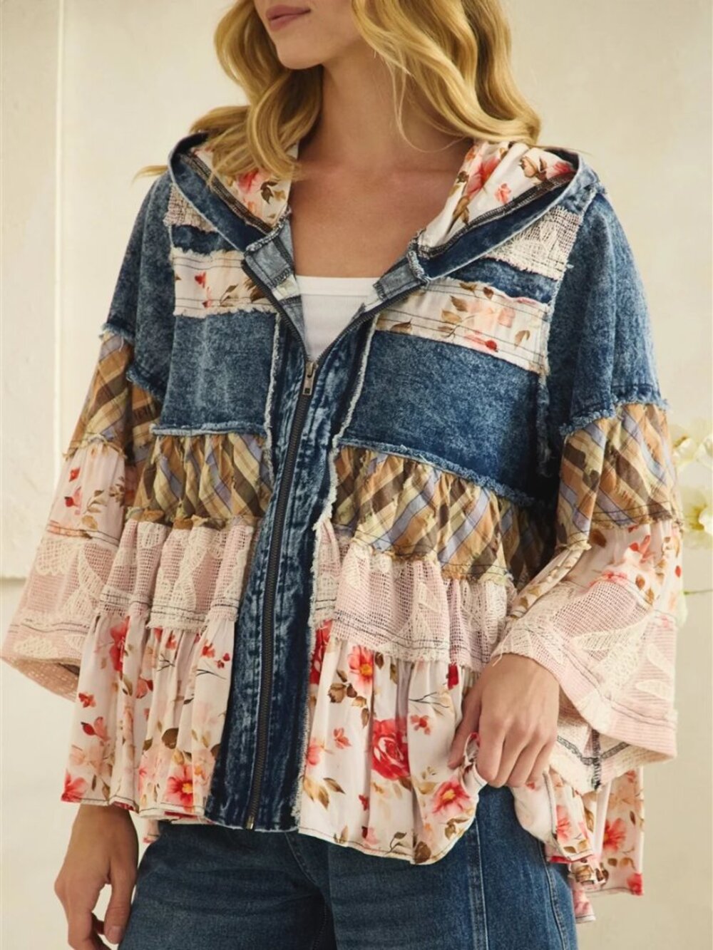 RUFFLE HOODED LACE DENIM FLANNEL AND PRINT MIX JACKET
